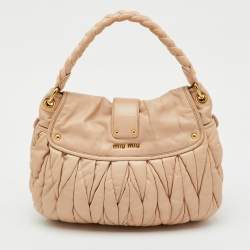 Pre Owned Miu Miu Light Beige Matelasse Lux Leather Small Coffer Hobo