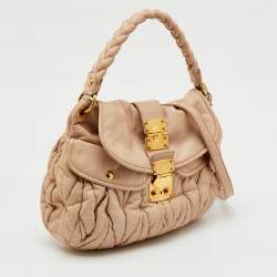 Pre Owned Miu Miu Light Beige Matelasse Lux Leather Small Coffer Hobo