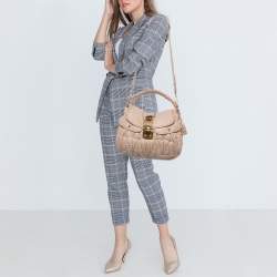 Pre Owned Miu Miu Light Beige Matelasse Lux Leather Small Coffer Hobo