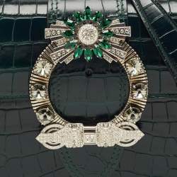 Pre Owned Miu Miu Dark Green Croc Embossed Leather Crystals Embellished Buckle Flap Top Handle Bag