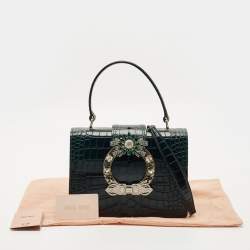 Pre Owned Miu Miu Dark Green Croc Embossed Leather Crystals Embellished Buckle Flap Top Handle Bag