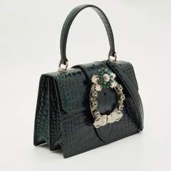 Pre Owned Miu Miu Dark Green Croc Embossed Leather Crystals Embellished Buckle Flap Top Handle Bag