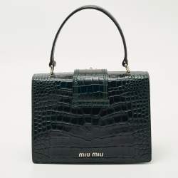 Pre Owned Miu Miu Dark Green Croc Embossed Leather Crystals Embellished Buckle Flap Top Handle Bag