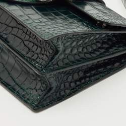 Pre Owned Miu Miu Dark Green Croc Embossed Leather Crystals Embellished Buckle Flap Top Handle Bag