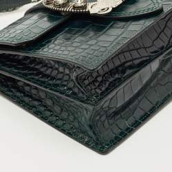 Pre Owned Miu Miu Dark Green Croc Embossed Leather Crystals Embellished Buckle Flap Top Handle Bag
