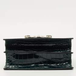 Pre Owned Miu Miu Dark Green Croc Embossed Leather Crystals Embellished Buckle Flap Top Handle Bag