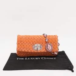 Pre Owned Miu Miu Orange Matelasse Leather Crystal Flap Shoulder Bag