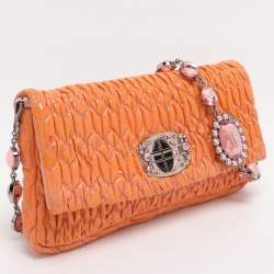 Pre Owned Miu Miu Orange Matelasse Leather Crystal Flap Shoulder Bag