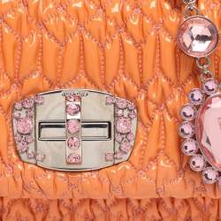 Pre Owned Miu Miu Orange Matelasse Leather Crystal Flap Shoulder Bag