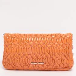 Pre Owned Miu Miu Orange Matelasse Leather Crystal Flap Shoulder Bag