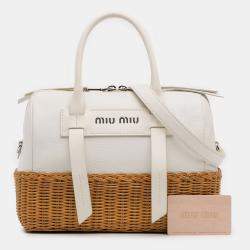 Pre Owned Miu Miu Brown White Wicker Trimmed Leather Top Handle Bag
