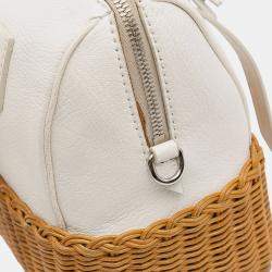 Pre Owned Miu Miu Brown White Wicker Trimmed Leather Top Handle Bag