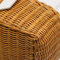 Pre Owned Miu Miu Brown White Wicker Trimmed Leather Top Handle Bag