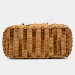 Pre Owned Miu Miu Brown White Wicker Trimmed Leather Top Handle Bag