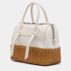 Pre Owned Miu Miu Brown White Wicker Trimmed Leather Top Handle Bag