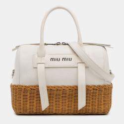Pre Owned Miu Miu Brown White Wicker Trimmed Leather Top Handle Bag