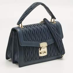 Pre Owned Miu Miu Navy Blue Matelassé Leather Pushlock Flap Top Handle Bag