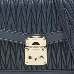 Pre Owned Miu Miu Navy Blue Matelassé Leather Pushlock Flap Top Handle Bag