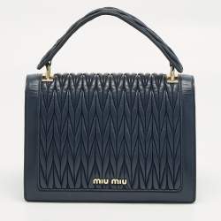 Pre Owned Miu Miu Navy Blue Matelassé Leather Pushlock Flap Top Handle Bag