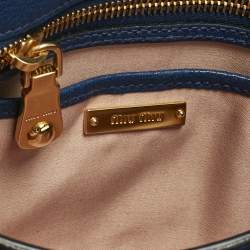 Pre Owned Miu Miu Two Tone Blue Madras Leather Push Lock Flap Top Handle Bag