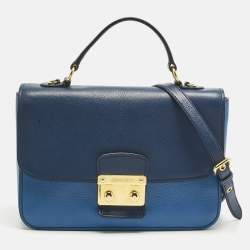 Pre Owned Miu Miu Two Tone Blue Madras Leather Push Lock Flap Top Handle Bag
