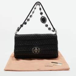Pre Owned Miu Miu Black Matelassé Leather Crystals Chain Shoulder Bag