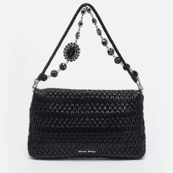 Pre Owned Miu Miu Black Matelassé Leather Crystals Chain Shoulder Bag