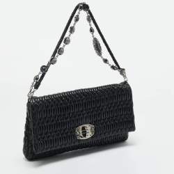 Pre Owned Miu Miu Black Matelassé Leather Crystals Chain Shoulder Bag