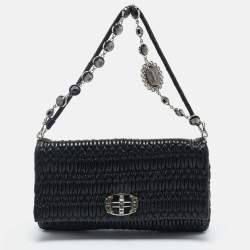 Pre Owned Miu Miu Black Matelassé Leather Crystals Chain Shoulder Bag
