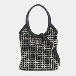 Pre Owned Miu Miu Black Leather and Satin Crystal Embellished Tote