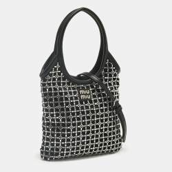 Pre Owned Miu Miu Black Leather and Satin Crystal Embellished Tote