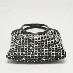 Pre Owned Miu Miu Black Leather and Satin Crystal Embellished Tote