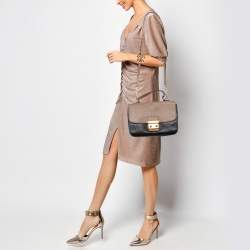 Pre Owned Miu Miu Black/Beige Leather Push Lock Flap Top Handle Bag