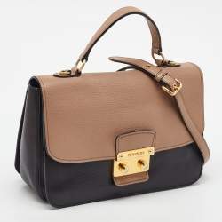 Pre Owned Miu Miu Black/Beige Leather Push Lock Flap Top Handle Bag