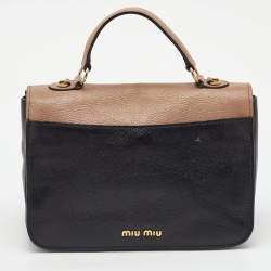 Pre Owned Miu Miu Black/Beige Leather Push Lock Flap Top Handle Bag