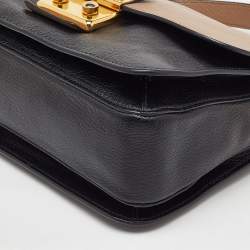 Pre Owned Miu Miu Black/Beige Leather Push Lock Flap Top Handle Bag