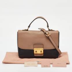 Pre Owned Miu Miu Black/Beige Leather Push Lock Flap Top Handle Bag