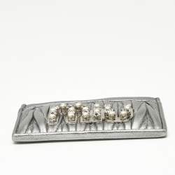 Pre Owned Miu Miu Silver Matelassé Leather Logo Embellished Card Holder