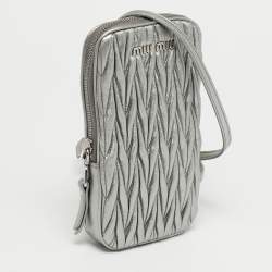Pre Owned Miu Miu Silver Matelasse Leather Phone Holder Crossbody Bag