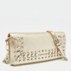 Pre Owned Miu Miu Gold Madras Ricamo Leather Crystal Embellished Chain Clutch