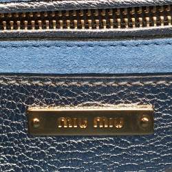 Pre Owned Miu Miu Silver/Blue Denim and Madras Leather Pushlock Top Handle Bag