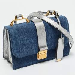 Pre Owned Miu Miu Silver/Blue Denim and Madras Leather Pushlock Top Handle Bag