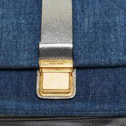 Pre Owned Miu Miu Silver/Blue Denim and Madras Leather Pushlock Top Handle Bag