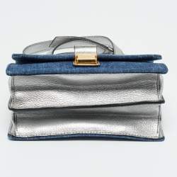 Pre Owned Miu Miu Silver/Blue Denim and Madras Leather Pushlock Top Handle Bag