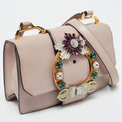 Pre Owned Miu Miu Pink Madras Leather Crystals Embellished Flap Shoulder Bag