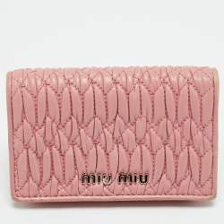 Pre Owned Miu Miu Crystal Embellished Pink Matelassé Leather Flap Card Case