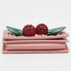 Pre Owned Miu Miu Crystal Embellished Pink Matelassé Leather Flap Card Case
