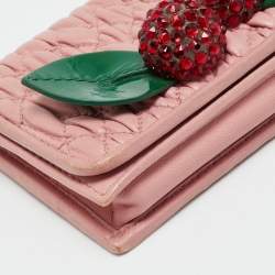 Pre Owned Miu Miu Crystal Embellished Pink Matelassé Leather Flap Card Case