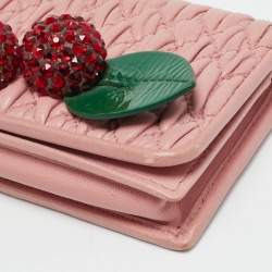 Pre Owned Miu Miu Crystal Embellished Pink Matelassé Leather Flap Card Case