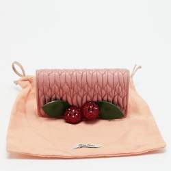 Pre Owned Miu Miu Crystal Embellished Pink Matelassé Leather Flap Card Case